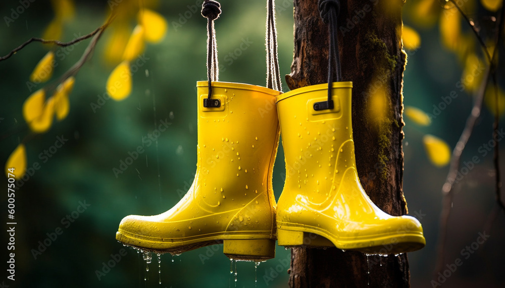 Rubber boots splash in wet autumn weather generated by AI