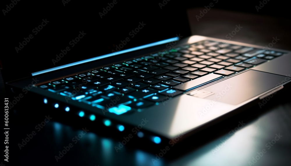 Modern laptop illuminates dark office, connecting global communications and e mail generated by AI