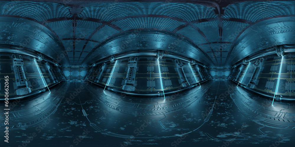 HDRI panoramic view of dark blue spaceship interior. High resolution 360 degrees panorama reflection