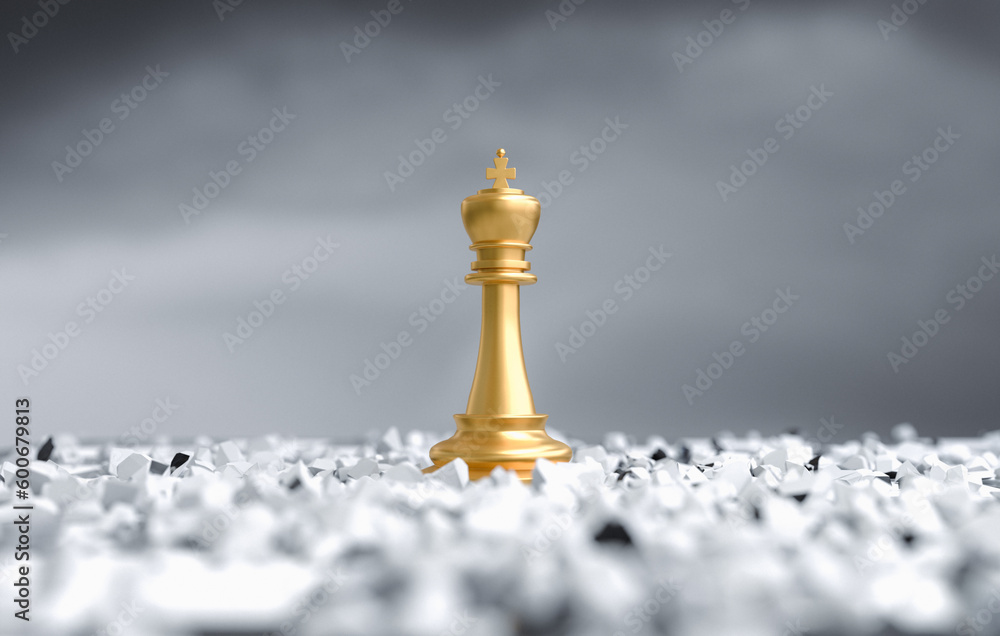 Chess king standing on broken pieces of chess