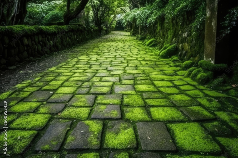mossy stone path leading through a forest Generative AI