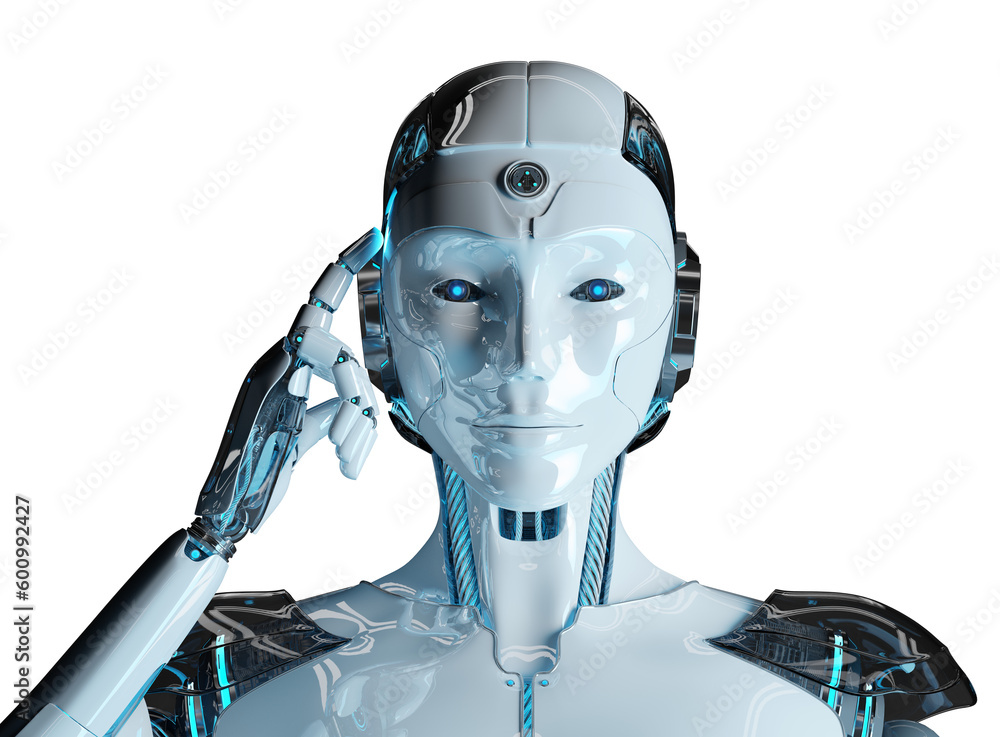 Futuristic woman robot touching her head. Isolated cyborg using artificial intelligence. 3D renderin