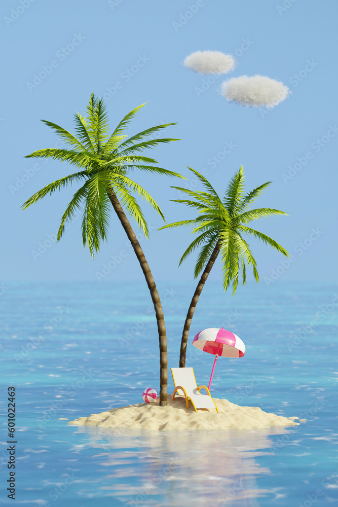 Vertical 3d collage of hawaiian abandoned island resort green palm trees sunbed near parasol seaside