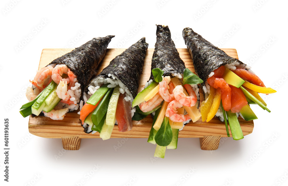Wooden board with tasty sushi cones on white background