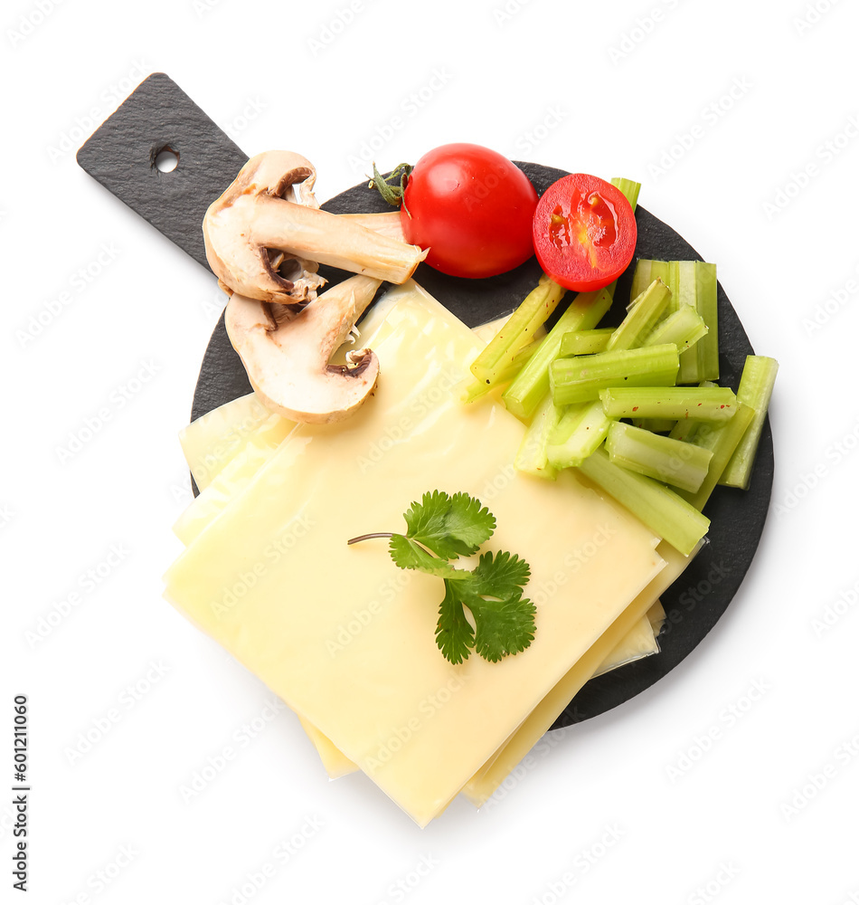 Board of tasty processed cheese with vegetables and bread on white background