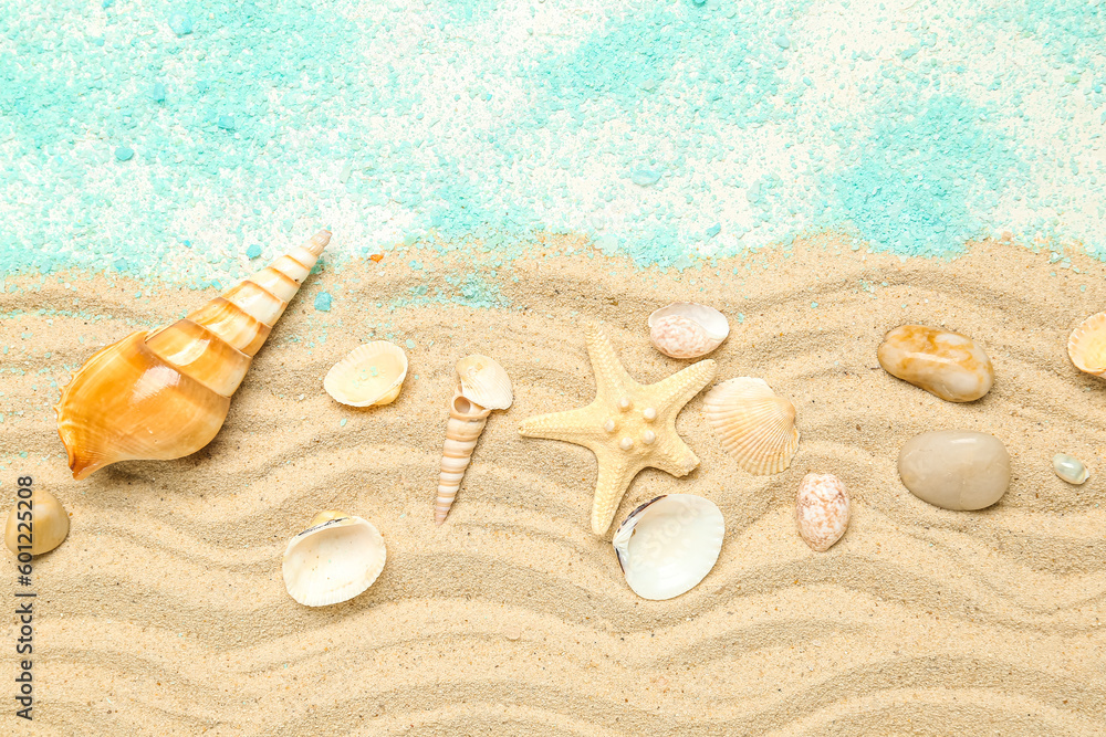 Sand with blue sea salt, seashells and starfishes on white background
