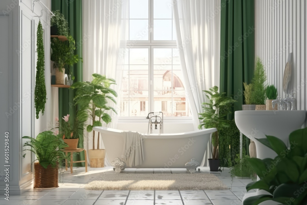 minimalist bathroom with a white tub and natural light streaming in from a window Generative AI