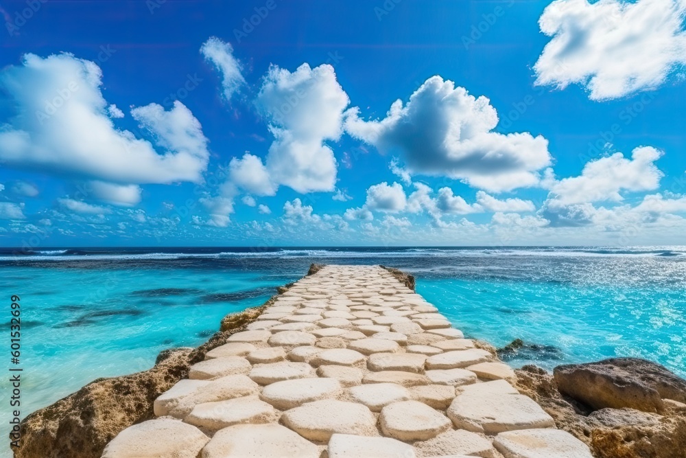 Stone Walkway Leading to the Ocean under a Cloudy Blue Sky Generative AI