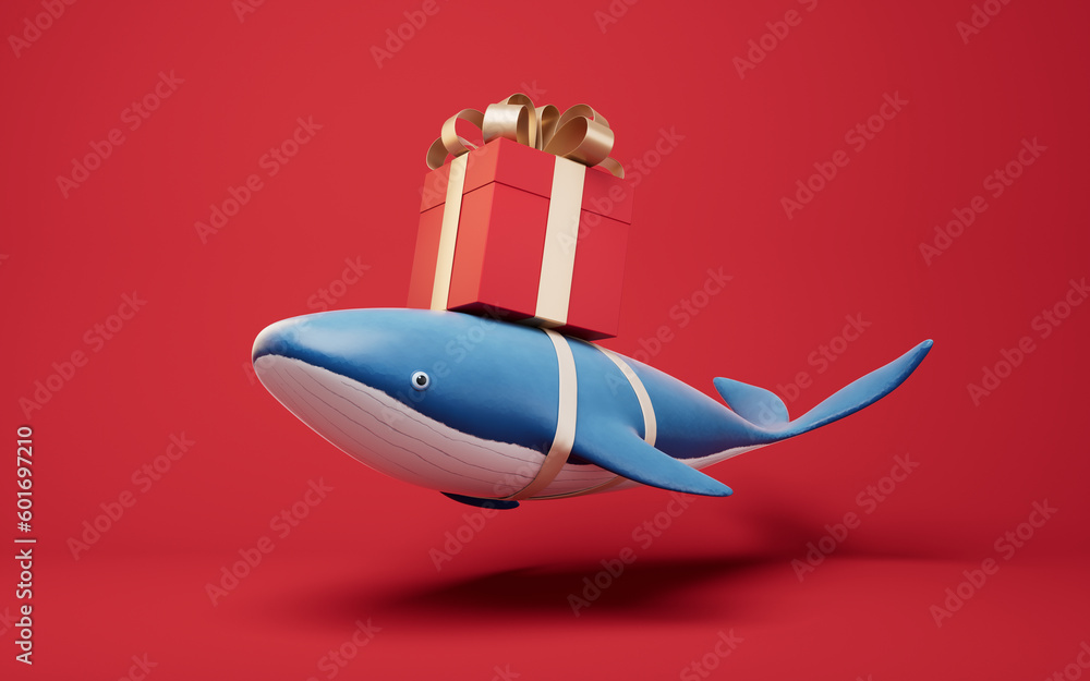 Whale and gift box, 3d rendering.