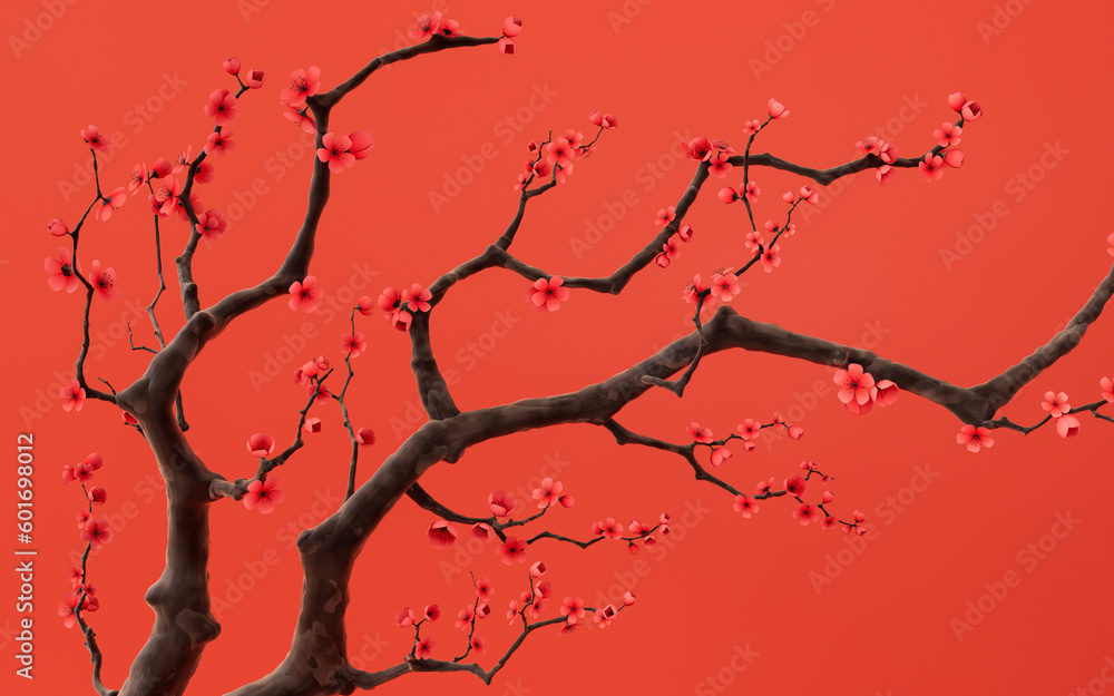 Plum blossom with red background, 3d rendering.