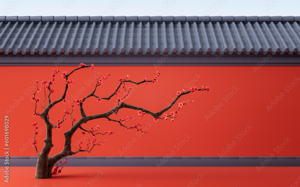 Plum blossom with Chinese ancient wall, 3d rendering.