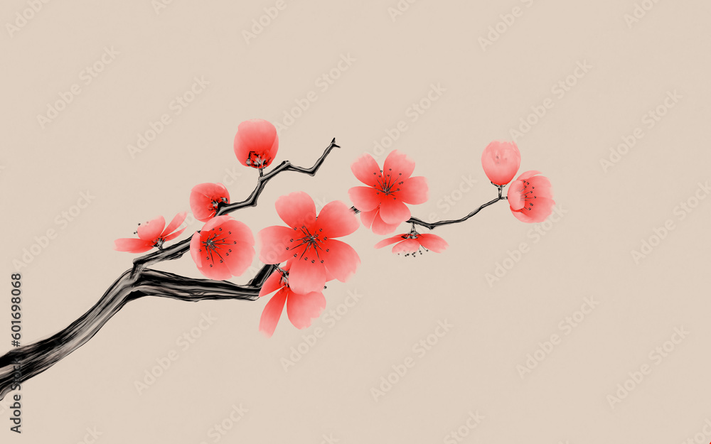 Plum blossom with Chinese ink painting style, 3d rendering.