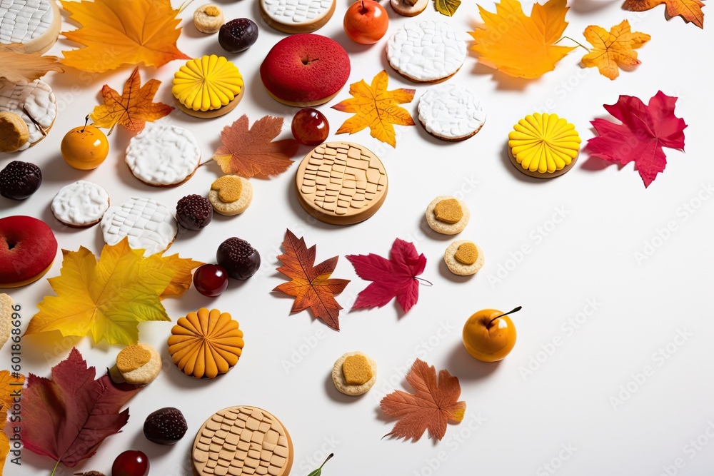 table filled with autumn-themed cookies and colorful leaves Generative AI