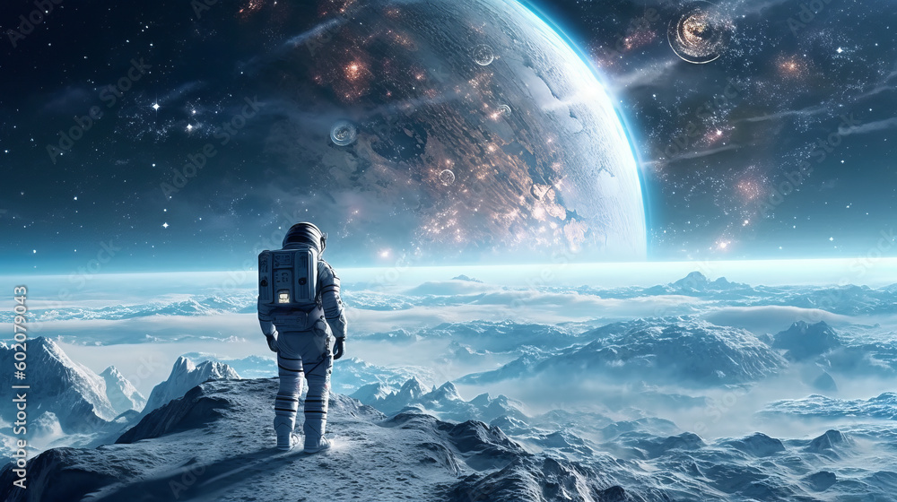 Scene of an astronaut standing on an unknown icy planet with a breathtaking landscape. The astronaut