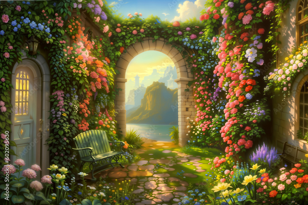 Fantasy garden background. Mystical entrance from a magical garden. Magic meadow with spring bloomin