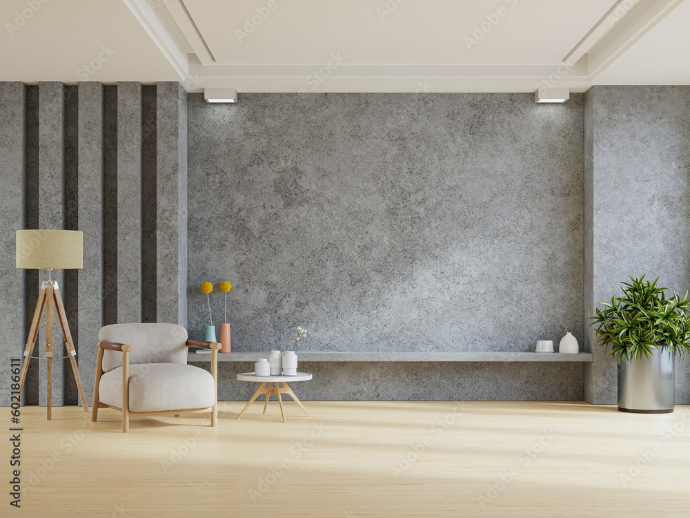 Living room interior with gray armchair in loft style house on concrete wall background.3d rendering