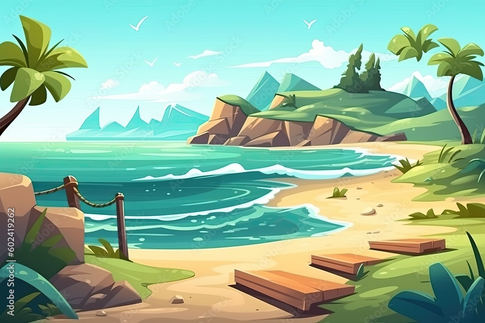 serene beach scene with wooden steps leading to the crystal clear water Generative AI