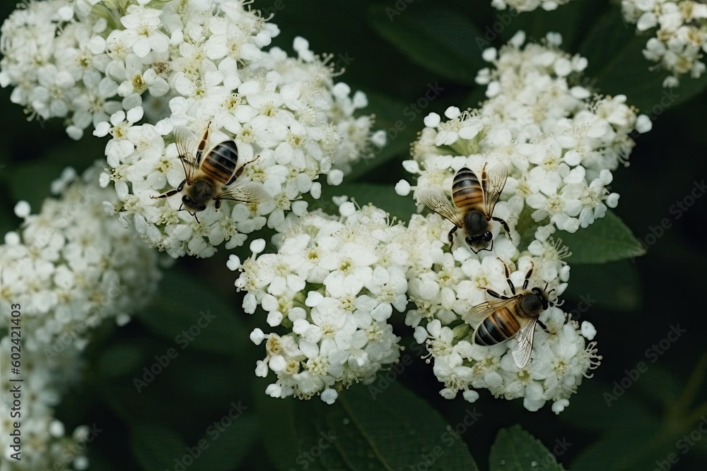 swarm of bees pollinating white flowers in a garden Generative AI