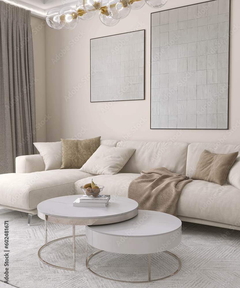 Two layer round white marble top coffee table, beige corner sofa on gray shag rug on marble floor in