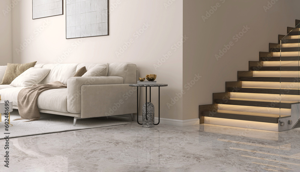 White marble floor tile in brown wall hall, luxury living room with beige corner sofa, side table, w