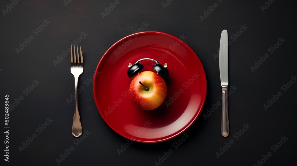 Concept of intermittent fasting, showing an empty plate and a clock. The practice of eating within s