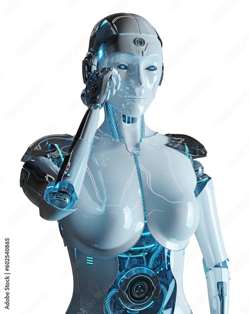 Futuristic woman robot touching her head. Isolated cyborg using artificial intelligence. 3D renderin