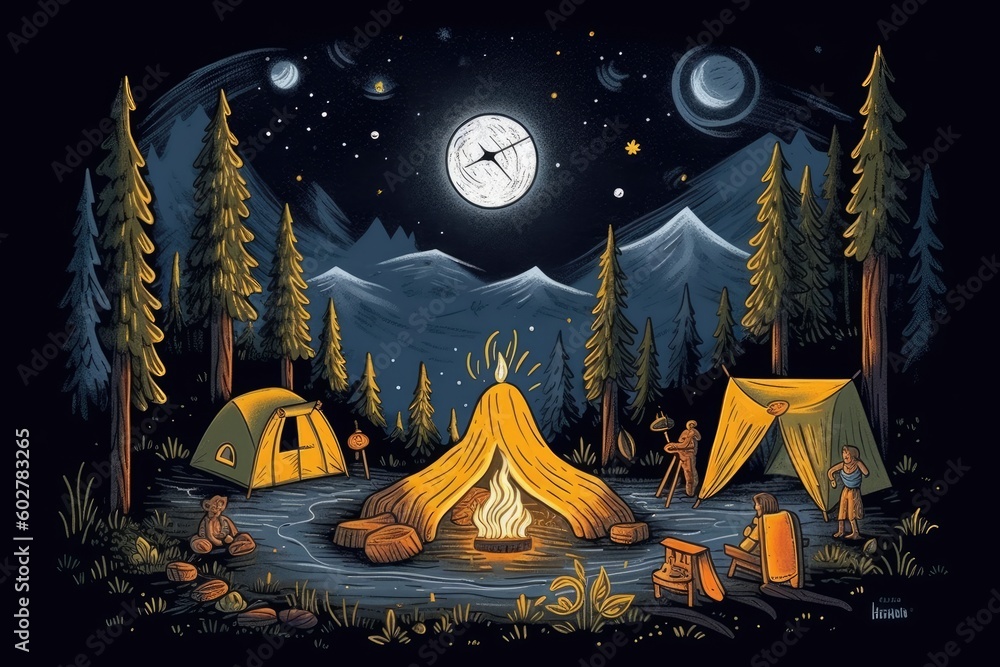 campsite under the full moon with a tent and campfire Generative AI