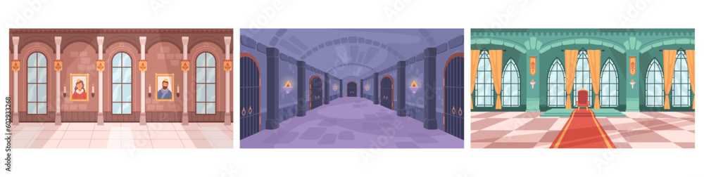 Castle royal ballroom interior cartoon backgrounds set, vector fairytale gallery scene. Medieval hal