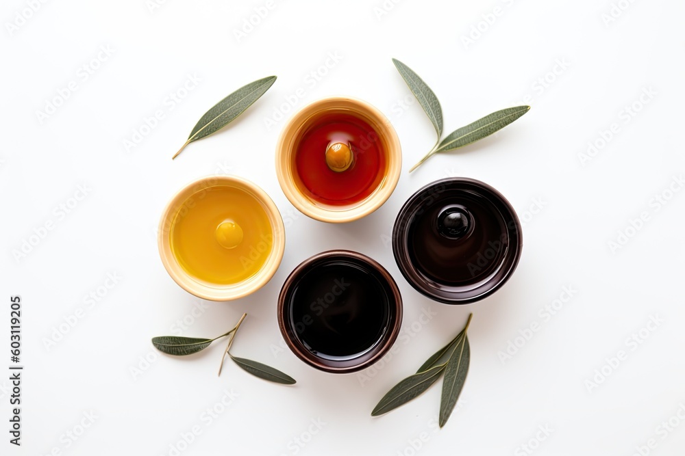 three cups of tea with fresh olive leaves on a clean white background Generative AI