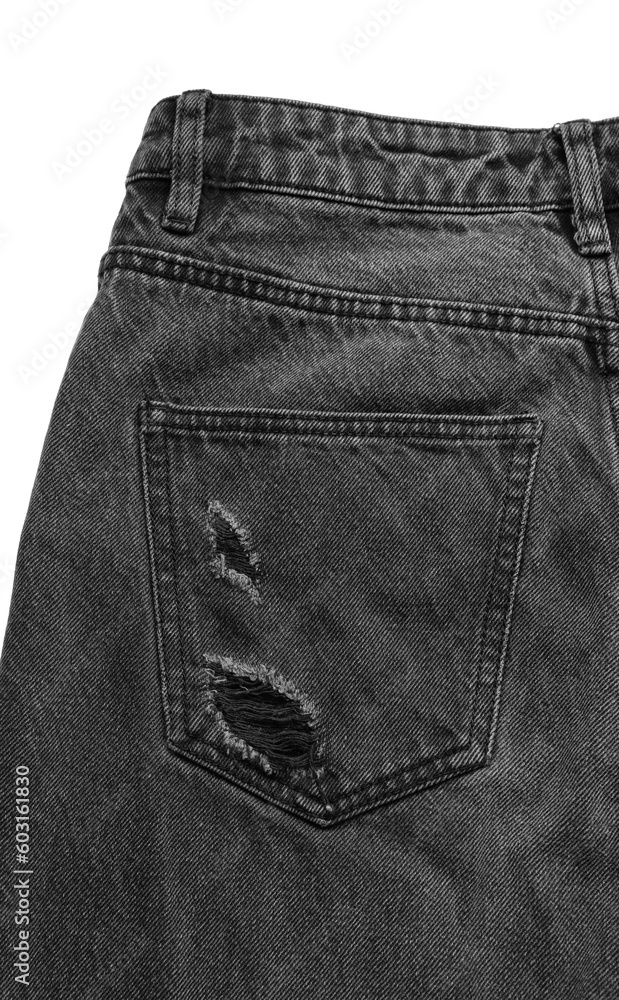Stylish black denim jeans on white background