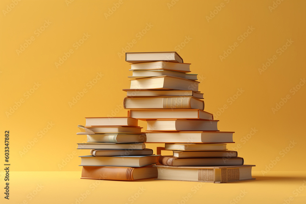 A stack of books on a yellow background, created by a neural network, Generative AI technology