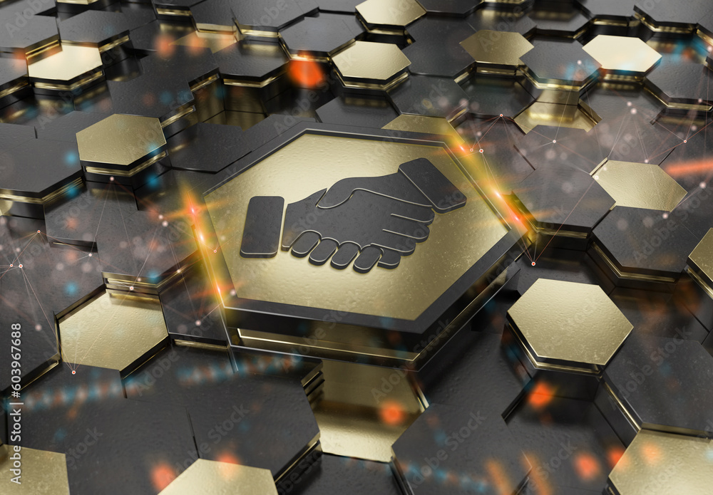 Handshake icon concept engraved on metal hexagonal pedestral background. Partnership logo glowing on