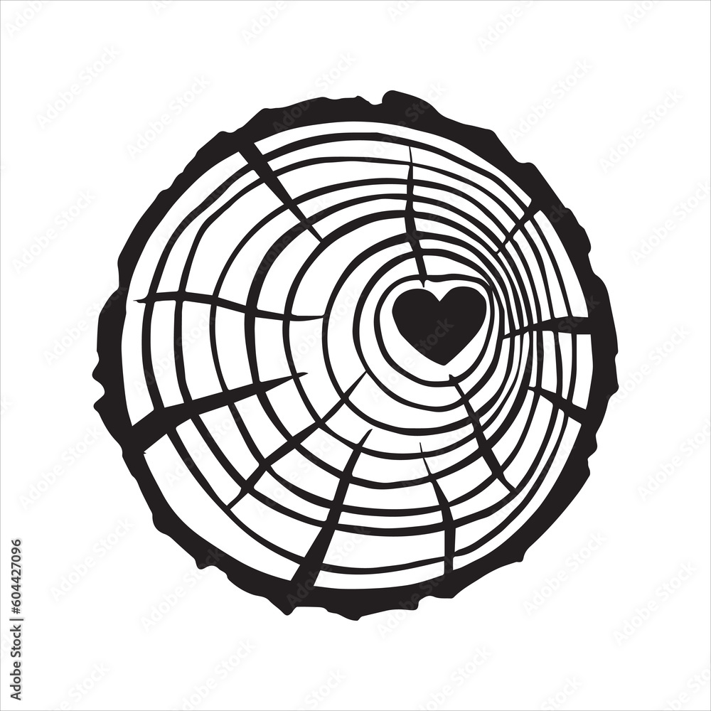 vector drawing, graphics. saw cut of a tree, black and white drawing and a piece of wood, the theme 