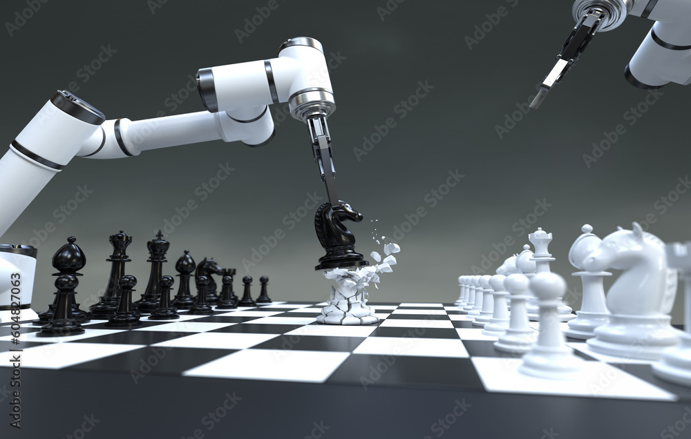 Robot arm playing chess, business strategy concept.
