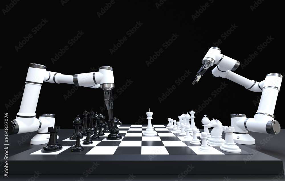 Robot arm playing chess, business strategy concept