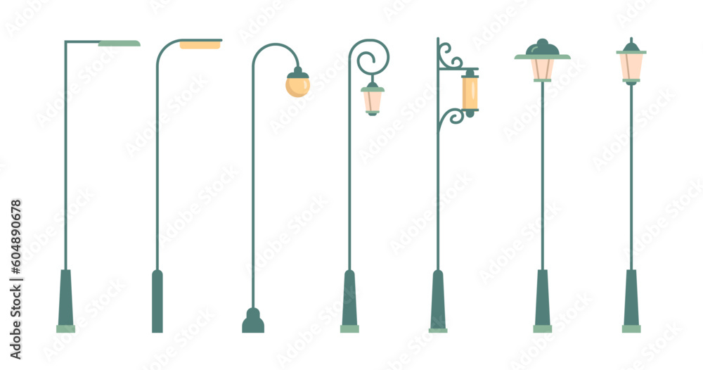 Lighting outdoor garden urban lamps, courtyard illumination metal lanterns. Flat cartoon vector illu