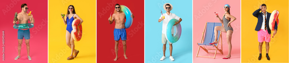 Collage of young people in swimming clothes, with summer cocktails, beach chair and inflatable rings