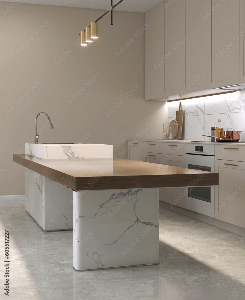 Modern wood dining table, marble island, sink, pendant light in beige kitchen counter, splash back, 