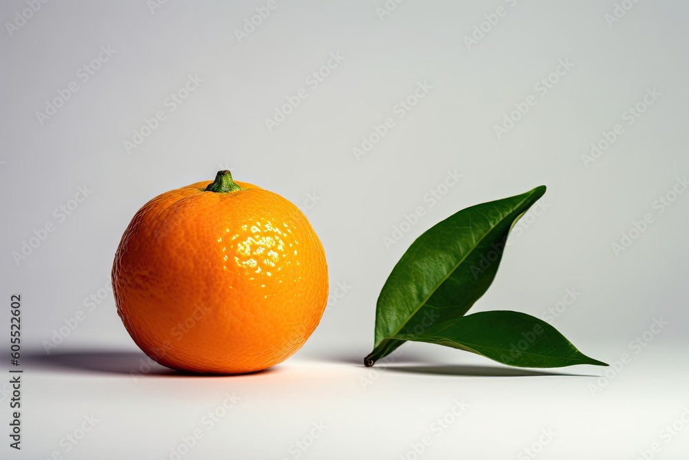 an orange fruit and a green leaf isolated on a white background Generative AI