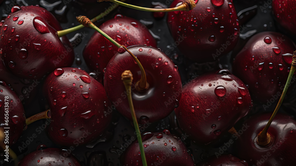 Fresh ripe cherries with water drops background. Berries backdrop. Generative AI