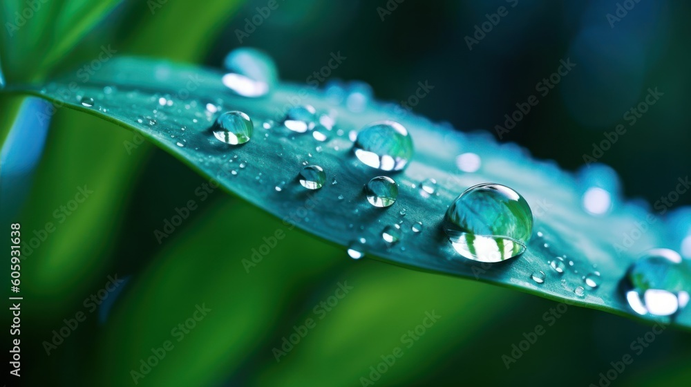 Large drop water reflects environment. Nature spring photography raindrops on plant leaf. Background
