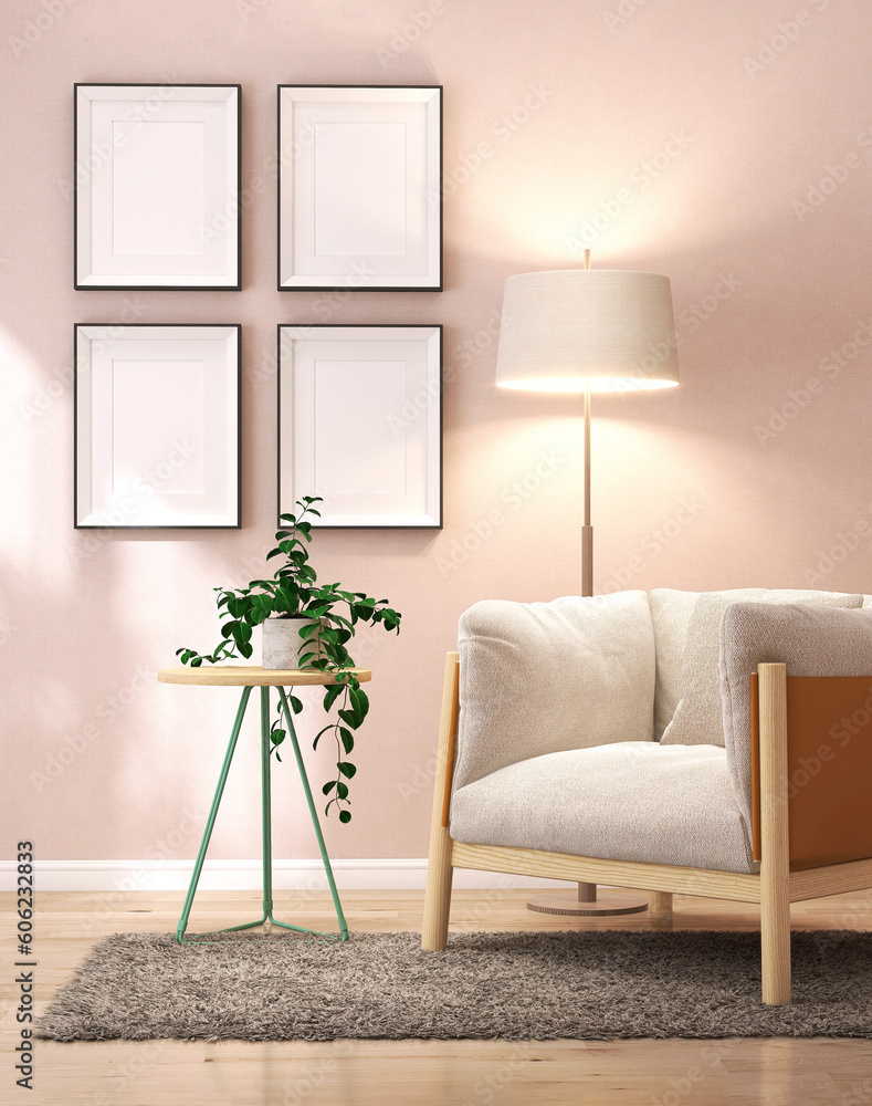 Four blank photo poster frame, white matte, black edge on pink wall in living room, armchair on shag
