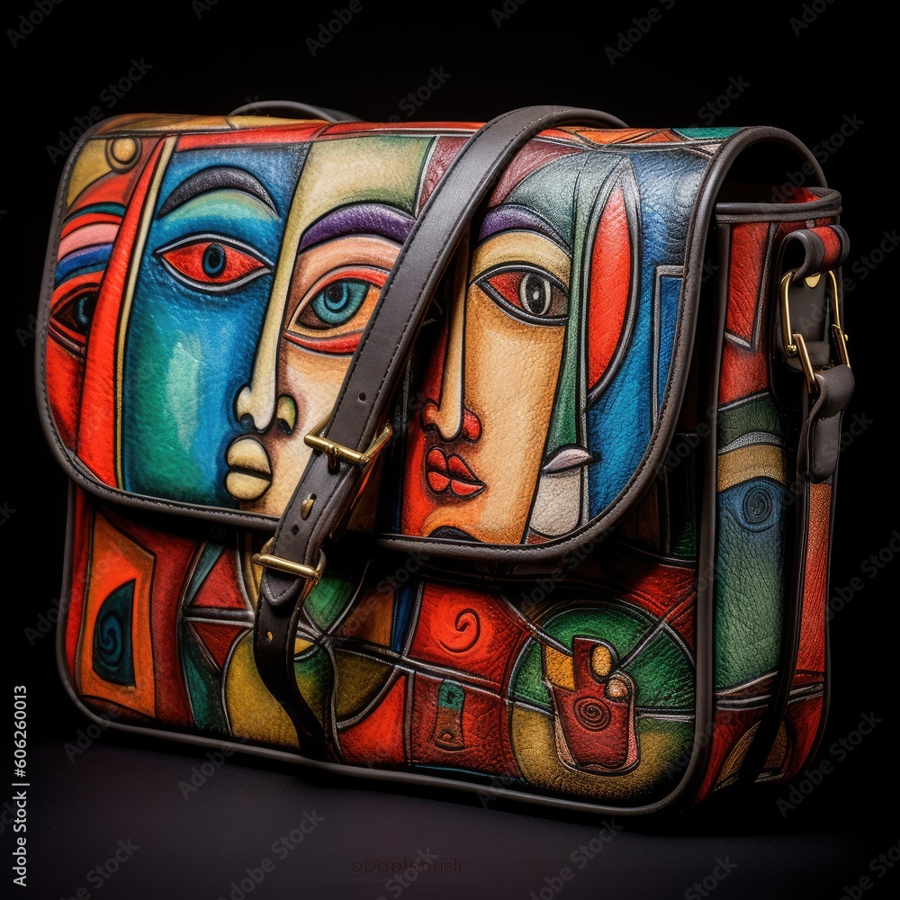 Handbag with vividly colored paintings, AI generated.