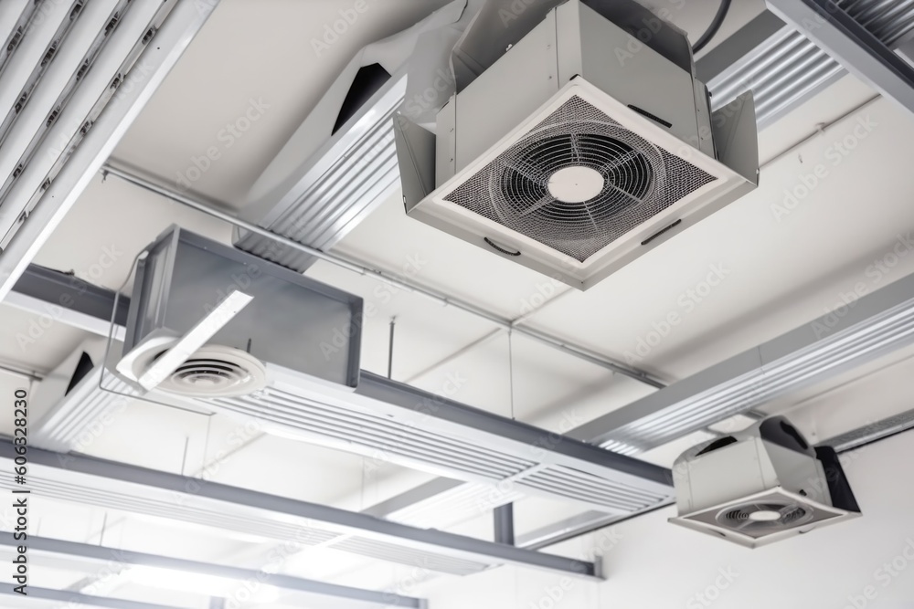 ventilation system with vents and fans in ceiling of warehouse or factory, providing fresh air and r