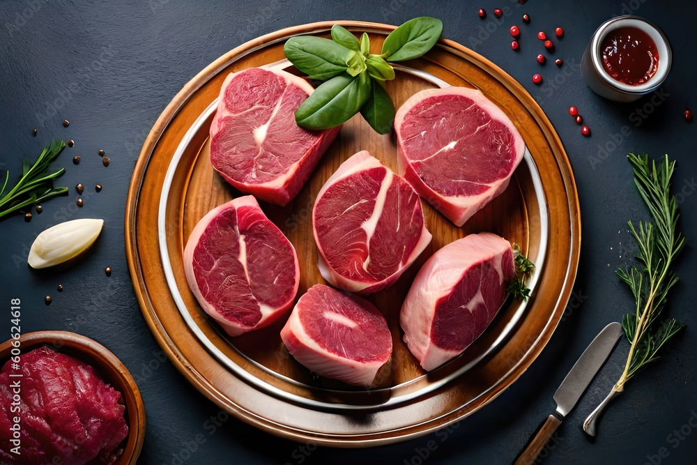 Set of various classic, alternative raw meat, veal beef steaks - Flat lay