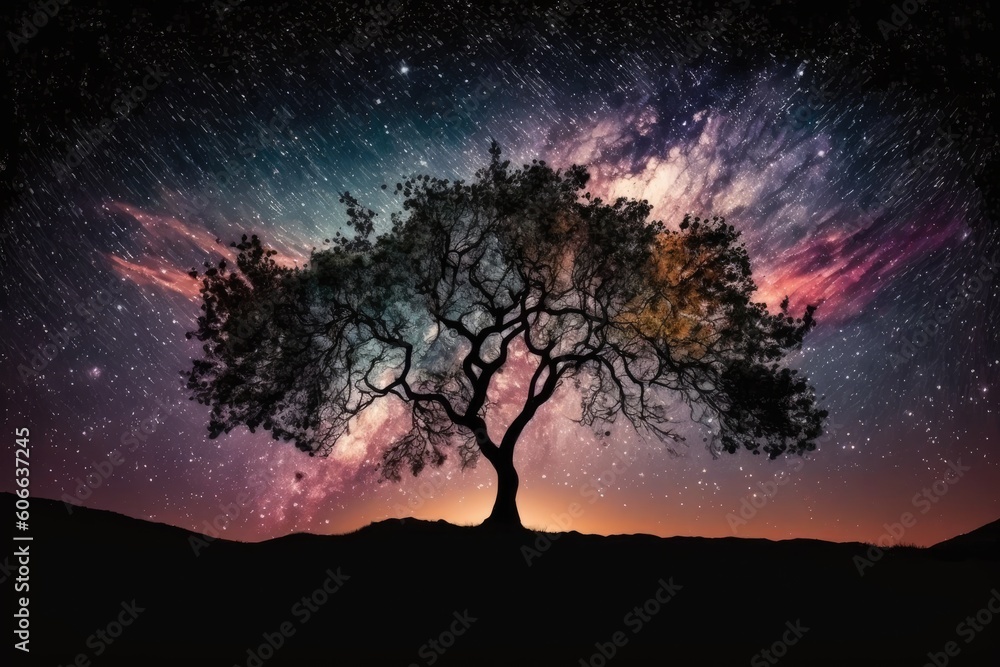 solitary tree standing in a vast field under a starry night sky Generative AI
