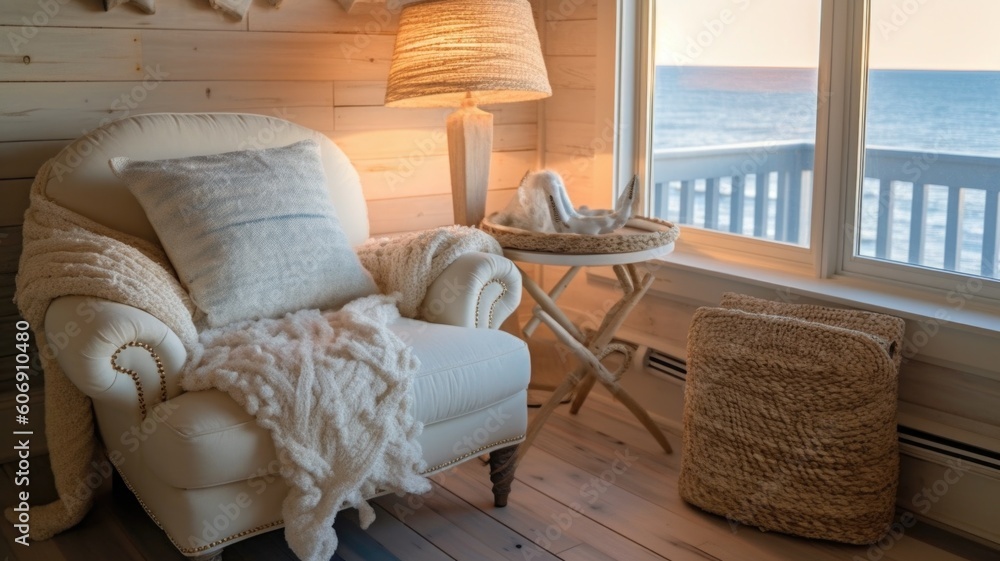 Bedroom decor, home interior design . Coastal Rustic style with Ocean View decorated with Wood and R