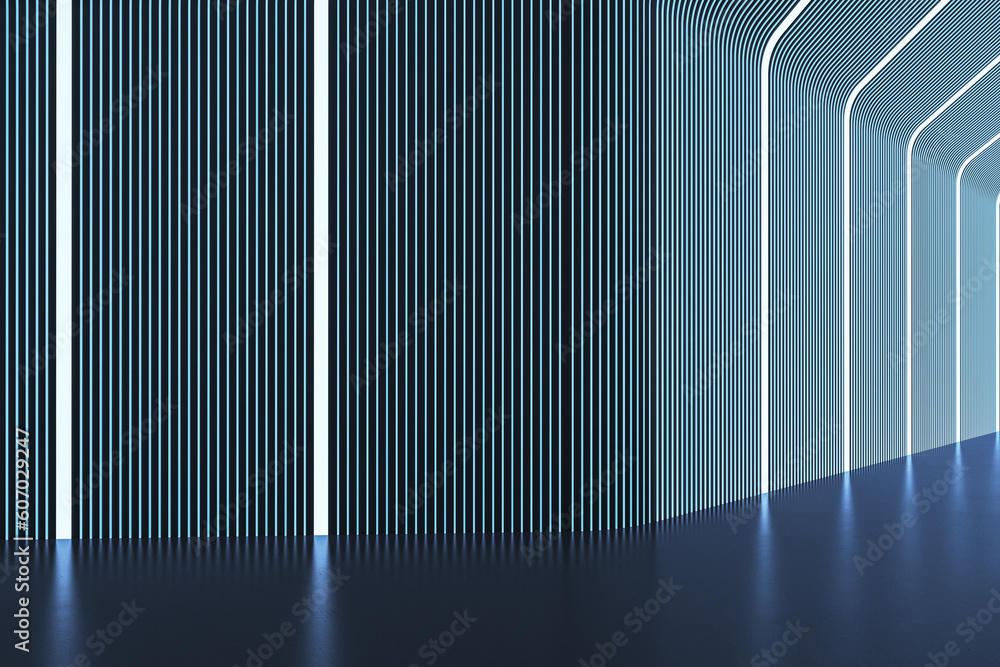 Clean futuristic blue corridor with reflections. Designs concept. 3D Rendering.
