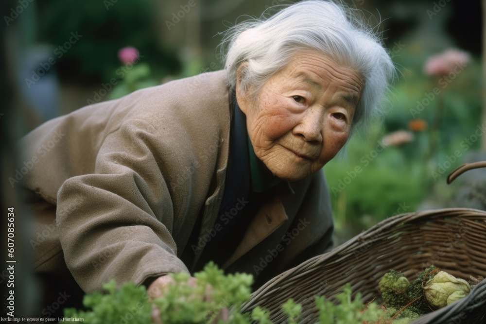Female Asian elderly gardening in backyard plants grass. Generative AI AIG23.