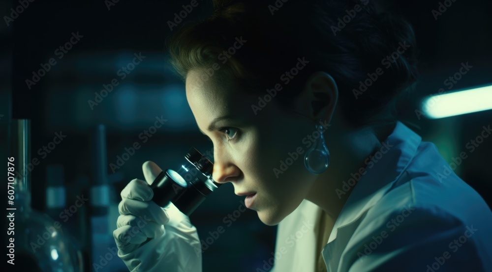 A woman in lab coat checking a sample stock photo in the laboratory. Generative AI AIG21.